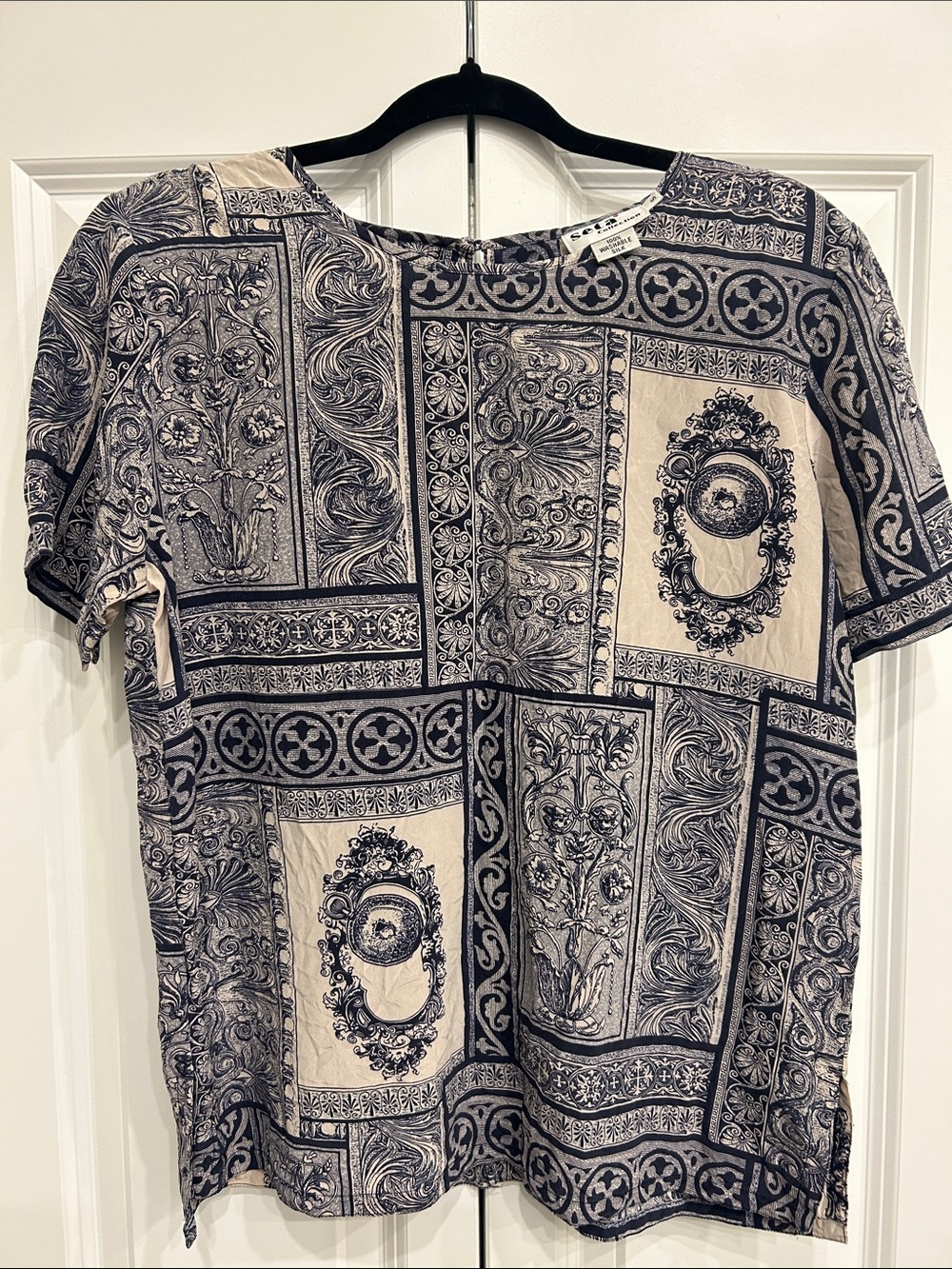 100% Silk Ornate Panel Print Short Sleeve Blouse in Navy & Cream